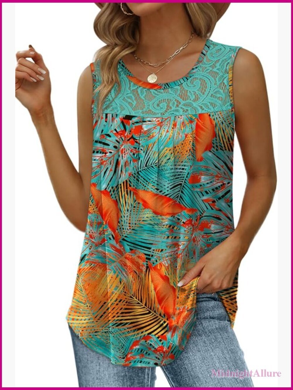 Loose Fit Pleated Tank Top Scoop Neck Lace Trim Curved Hem Flowy Tunic